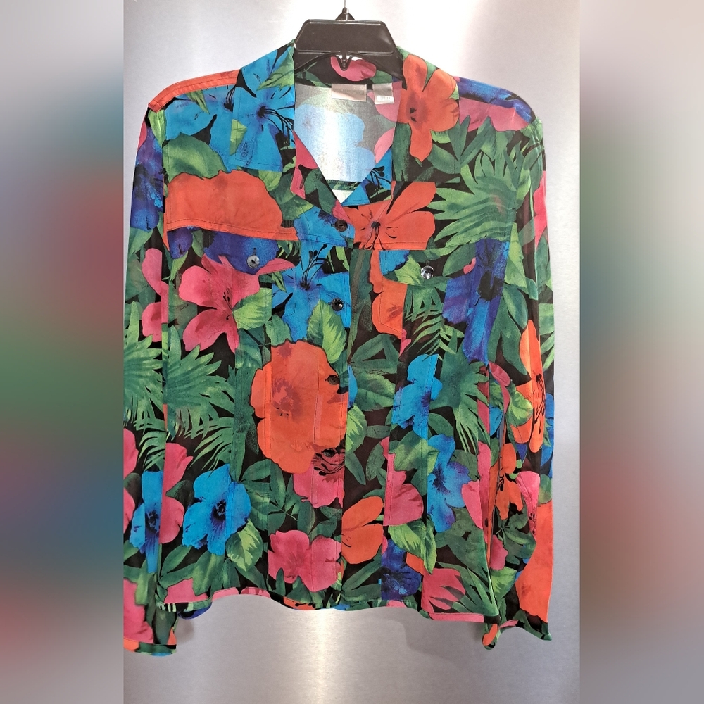 Chico's Vintage 100% Silk Long Sleeve Bright Floral Blouse Sheer Pockets  2- LRG